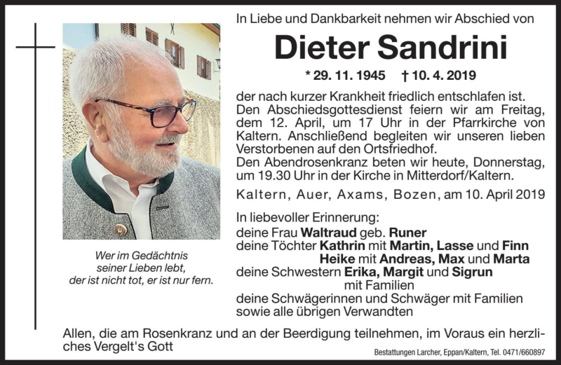  Traueranzeige für Dieter Sandrini vom 11.04.2019 aus Dolomiten