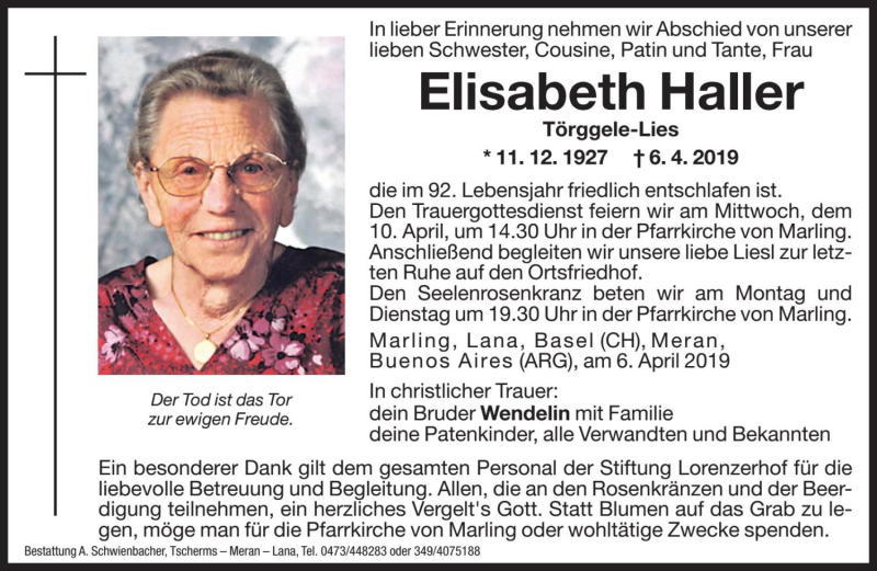  Traueranzeige für Elisabeth Haller vom 08.04.2019 aus Dolomiten