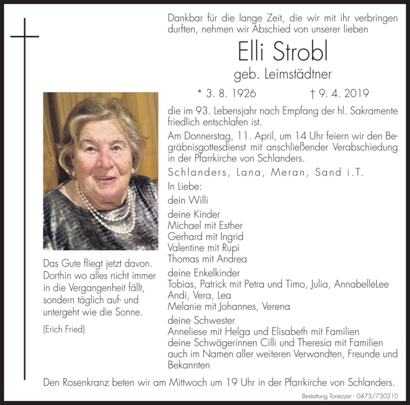  Traueranzeige für Elli Strobl vom 10.04.2019 aus Dolomiten