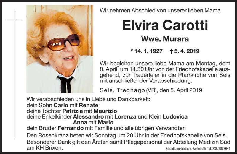  Traueranzeige für Elvira Murara vom 06.04.2019 aus Dolomiten