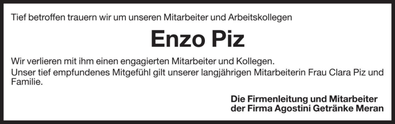  Traueranzeige für Enzo Piz vom 09.04.2019 aus Dolomiten