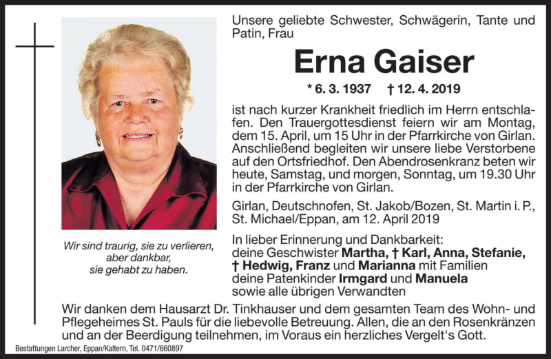  Traueranzeige für Erna Gaiser vom 13.04.2019 aus Dolomiten