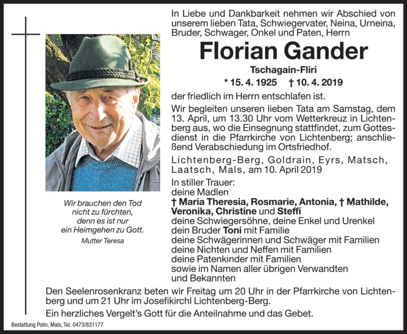  Traueranzeige für Florian Gander vom 12.04.2019 aus Dolomiten