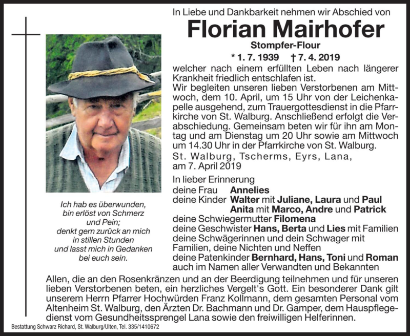  Traueranzeige für Florian Mairhofer vom 08.04.2019 aus Dolomiten