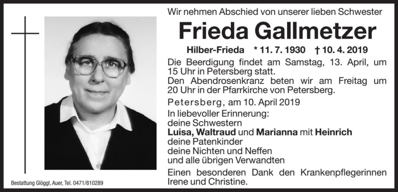  Traueranzeige für Frieda Gallmetzer vom 12.04.2019 aus Dolomiten