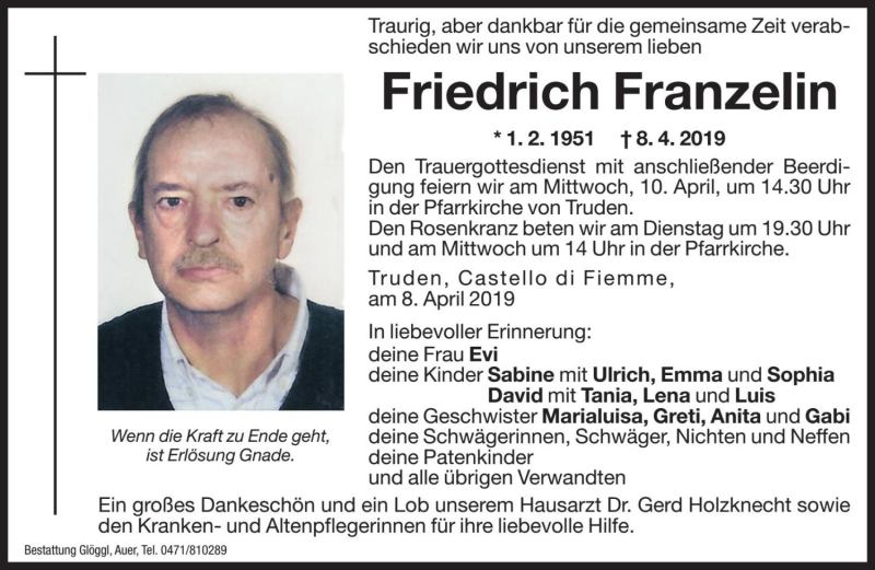  Traueranzeige für Friedrich Franzelin vom 09.04.2019 aus Dolomiten