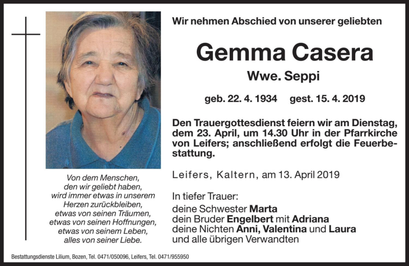  Traueranzeige für Gemma Seppi vom 20.04.2019 aus Dolomiten