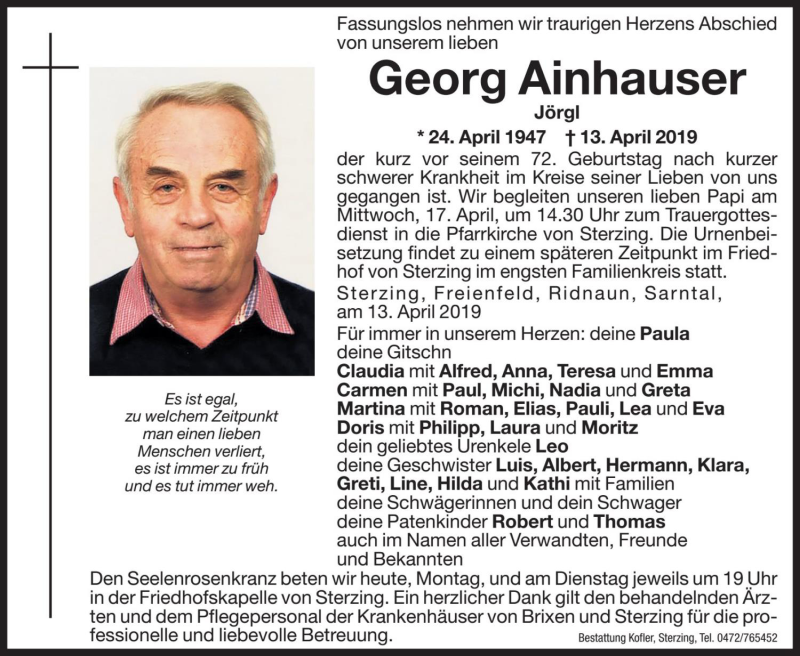  Traueranzeige für Georg Ainhauser vom 15.04.2019 aus Dolomiten