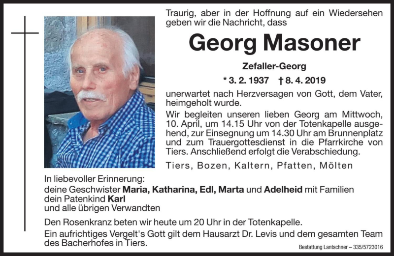  Traueranzeige für Georg Masoner vom 09.04.2019 aus Dolomiten