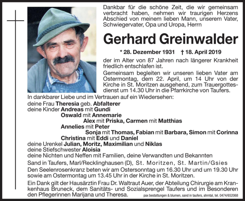 Traueranzeige für Gerhard Greinwalder vom 20.04.2019 aus Dolomiten