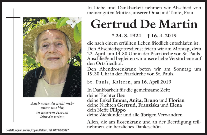  Traueranzeige für Gertrud De Martin vom 19.04.2019 aus Dolomiten