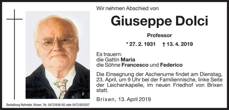  Traueranzeige für Giuseppe Dolci vom 19.04.2019 aus Dolomiten