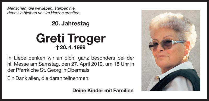  Traueranzeige für Greti Troger vom 20.04.2019 aus Dolomiten
