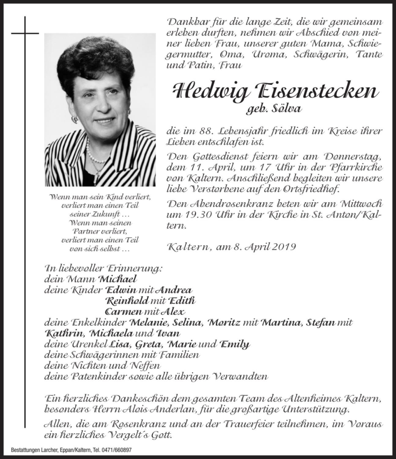 Traueranzeige für Hedwig Eisenstecken vom 10.04.2019 aus Dolomiten
