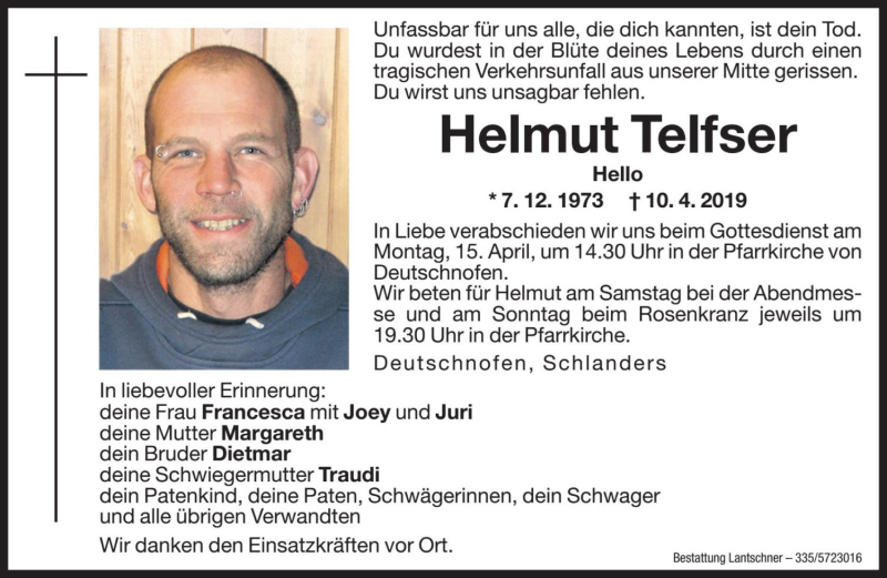  Traueranzeige für Helmut Telfser vom 13.04.2019 aus Dolomiten