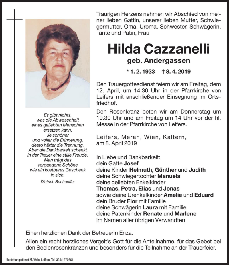  Traueranzeige für Hilda Cazzanelli vom 10.04.2019 aus Dolomiten