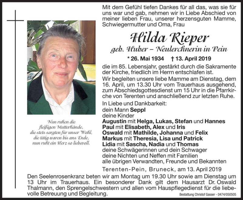  Traueranzeige für Hilda Rieper vom 15.04.2019 aus Dolomiten