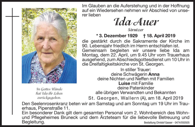  Traueranzeige für Ida Auer vom 20.04.2019 aus Dolomiten