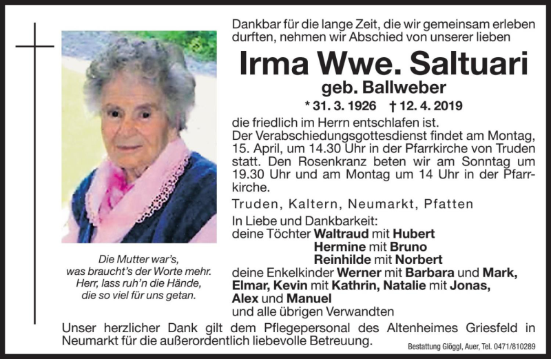  Traueranzeige für Irma Saltuari vom 13.04.2019 aus Dolomiten