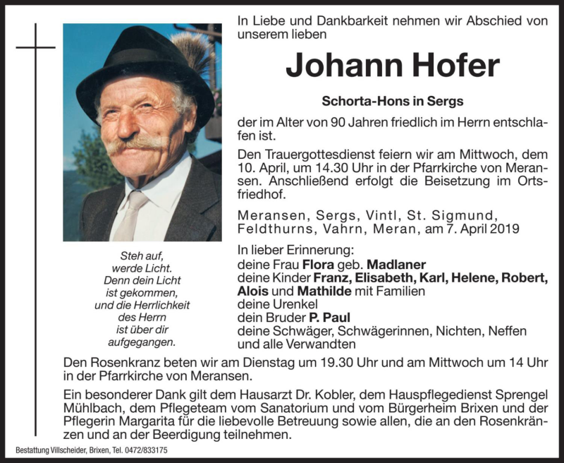  Traueranzeige für Johann Hofer vom 09.04.2019 aus Dolomiten