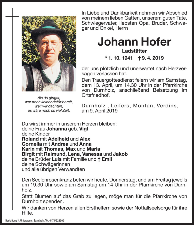  Traueranzeige für Johann Hofer vom 11.04.2019 aus Dolomiten
