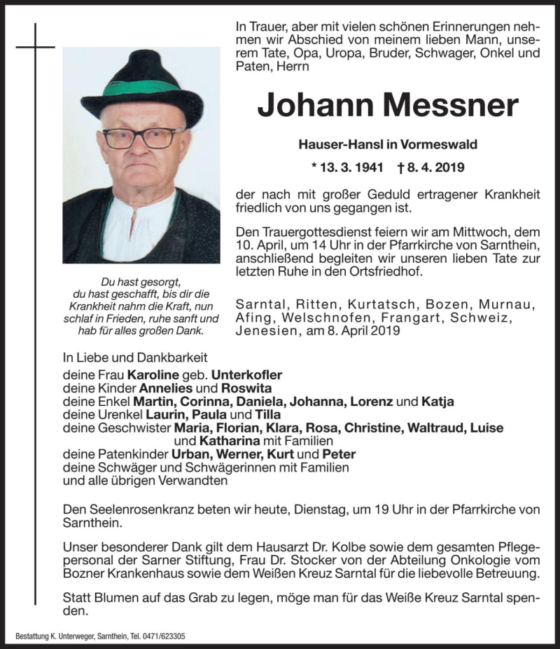  Traueranzeige für Johann Messner vom 09.04.2019 aus Dolomiten