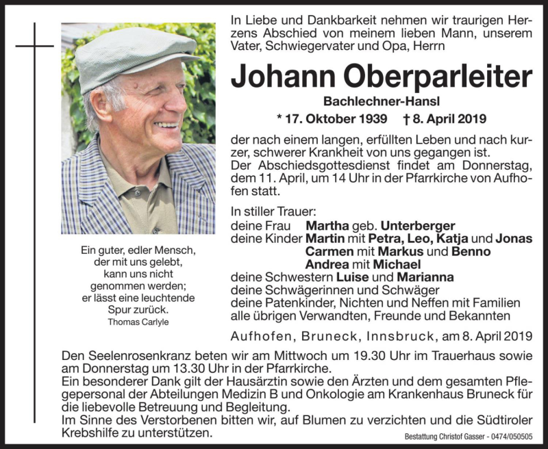  Traueranzeige für Johann Oberparleiter vom 10.04.2019 aus Dolomiten