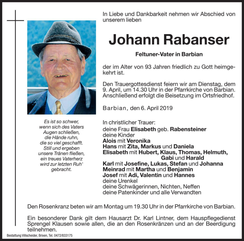  Traueranzeige für Johann Rabanser vom 08.04.2019 aus Dolomiten