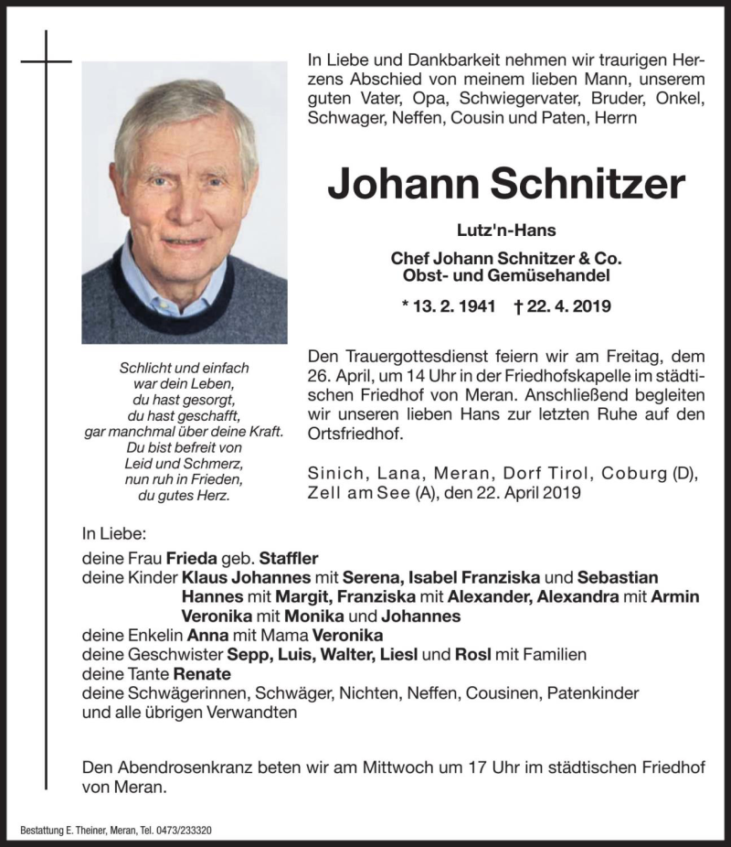  Traueranzeige für Johann Schnitzer vom 24.04.2019 aus Dolomiten