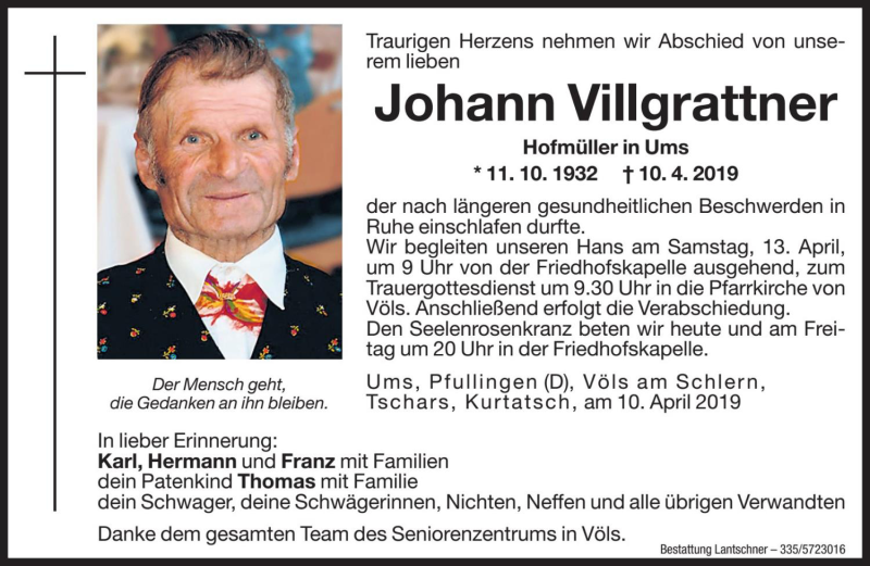  Traueranzeige für Johann Villgrattner vom 11.04.2019 aus Dolomiten