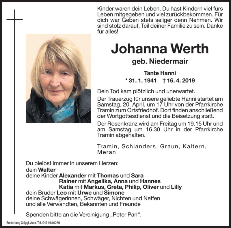  Traueranzeige für Johanna Werth vom 18.04.2019 aus Dolomiten