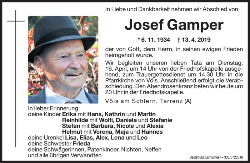  Traueranzeige für Josef Gamper vom 15.04.2019 aus Dolomiten
