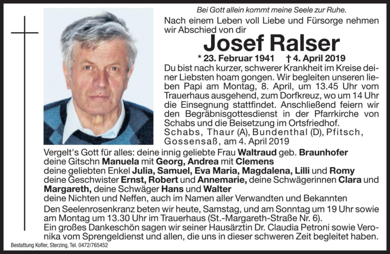  Traueranzeige für Josef Ralser vom 06.04.2019 aus Dolomiten