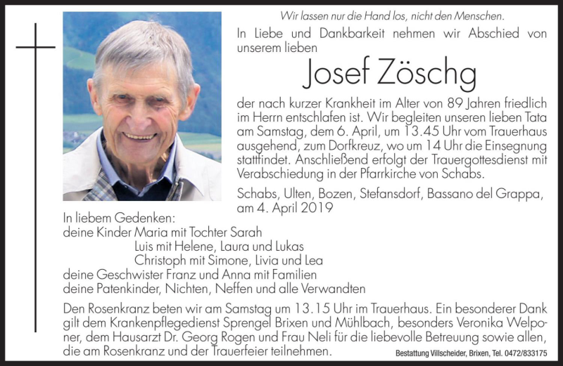  Traueranzeige für Josef Zöschg vom 06.04.2019 aus Dolomiten
