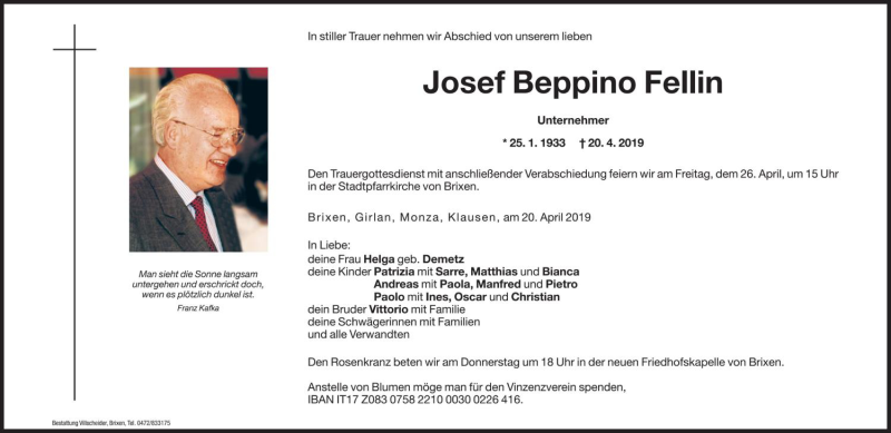  Traueranzeige für Josef Beppino Fellin vom 24.04.2019 aus Dolomiten