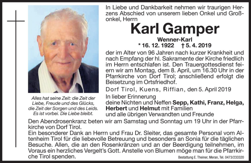  Traueranzeige für Karl Gamper vom 06.04.2019 aus Dolomiten