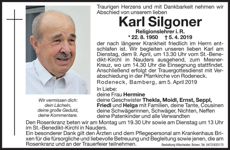  Traueranzeige für Karl Silgoner vom 08.04.2019 aus Dolomiten