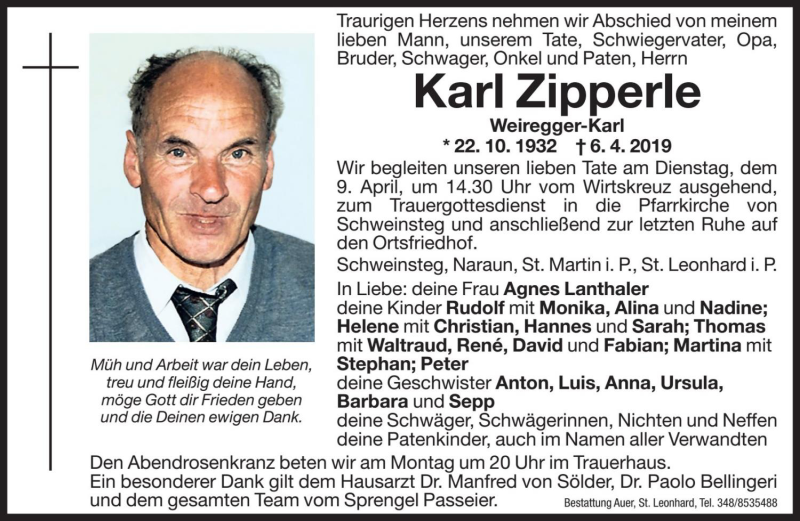  Traueranzeige für Karl Zipperle vom 08.04.2019 aus Dolomiten