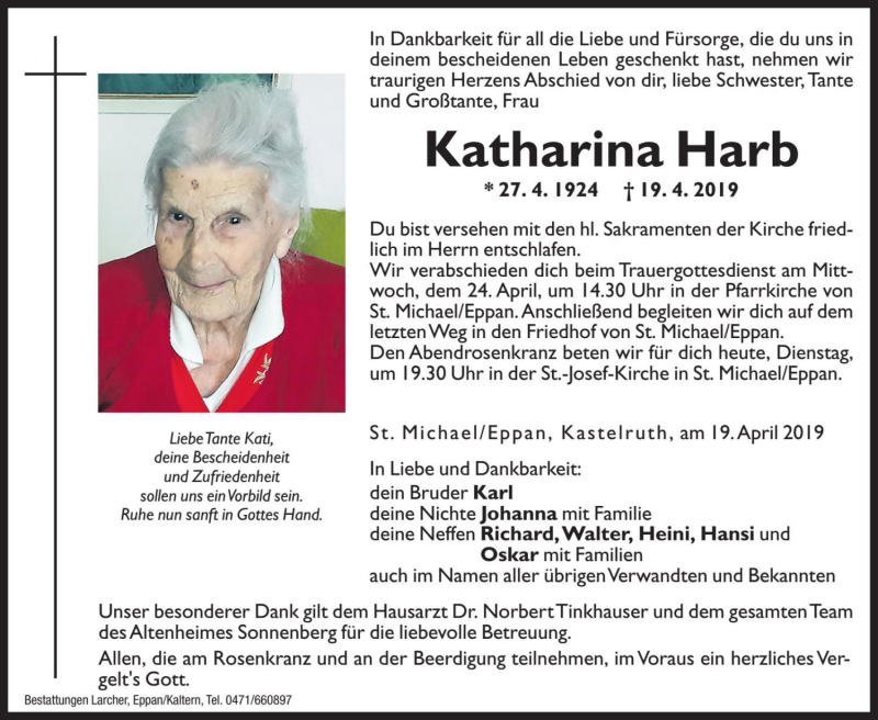  Traueranzeige für Katharina Harb vom 23.04.2019 aus Dolomiten