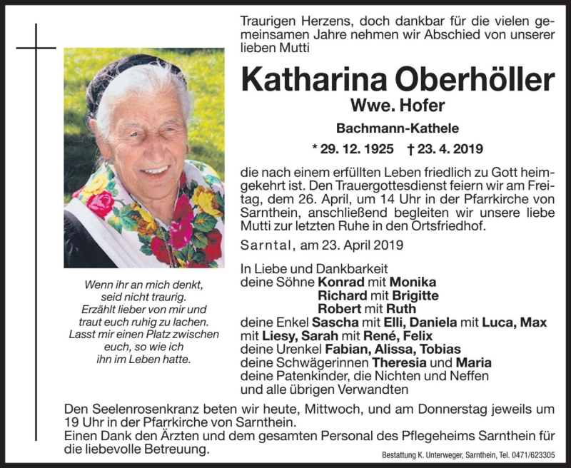  Traueranzeige für Katharina Hofer vom 24.04.2019 aus Dolomiten