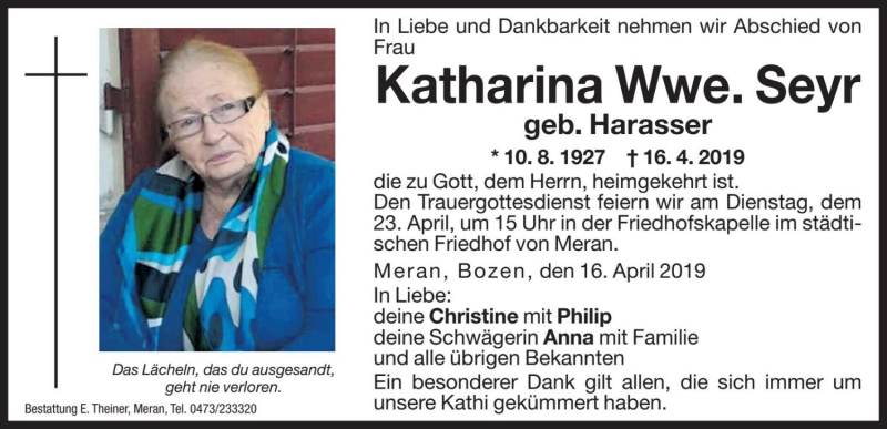  Traueranzeige für Katharina Seyr vom 19.04.2019 aus Dolomiten