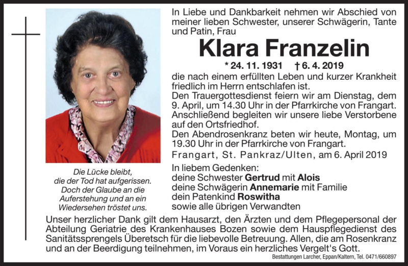  Traueranzeige für Klara Franzelin vom 08.04.2019 aus Dolomiten