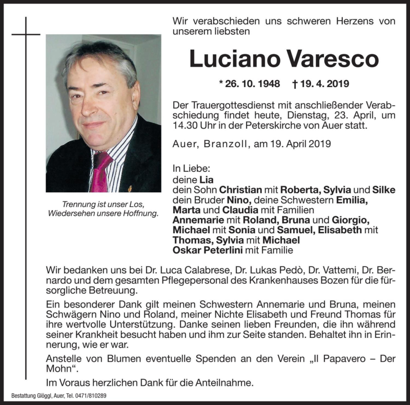  Traueranzeige für Luciano Varesco vom 23.04.2019 aus Dolomiten