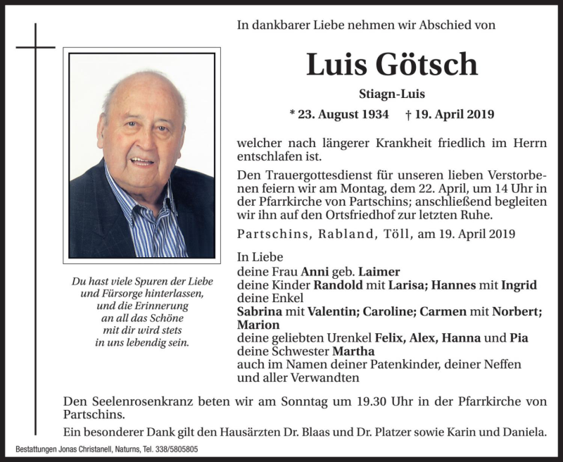  Traueranzeige für Luis Götsch vom 20.04.2019 aus Dolomiten