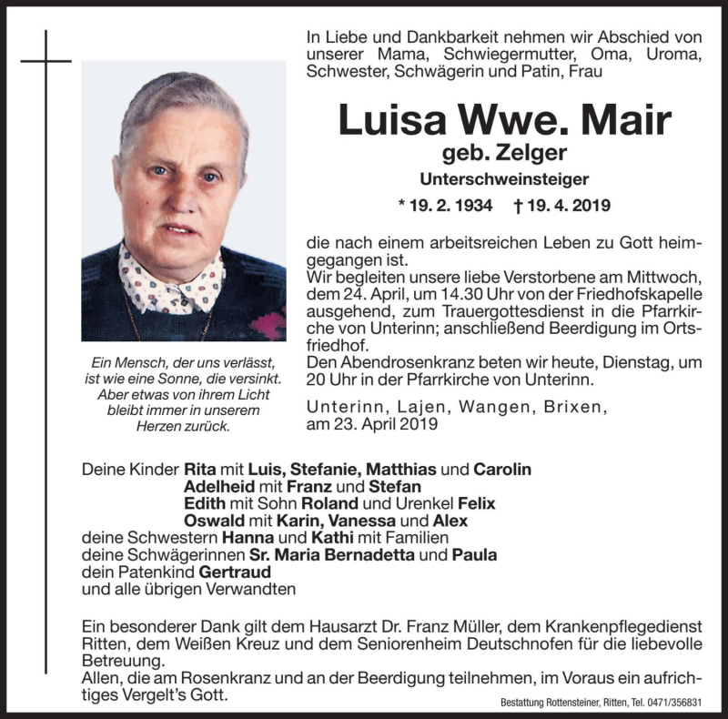  Traueranzeige für Luisa Mair vom 23.04.2019 aus Dolomiten