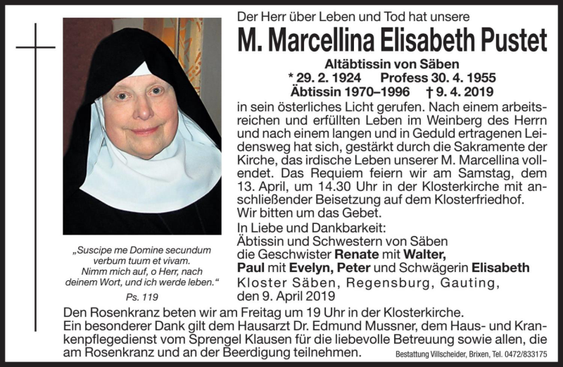  Traueranzeige für Marcellina Elisabeth Pustet vom 11.04.2019 aus Dolomiten