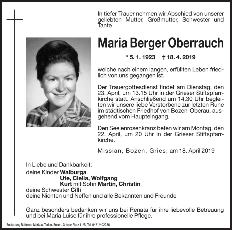  Traueranzeige für Maria Berger Oberrauch vom 20.04.2019 aus Dolomiten