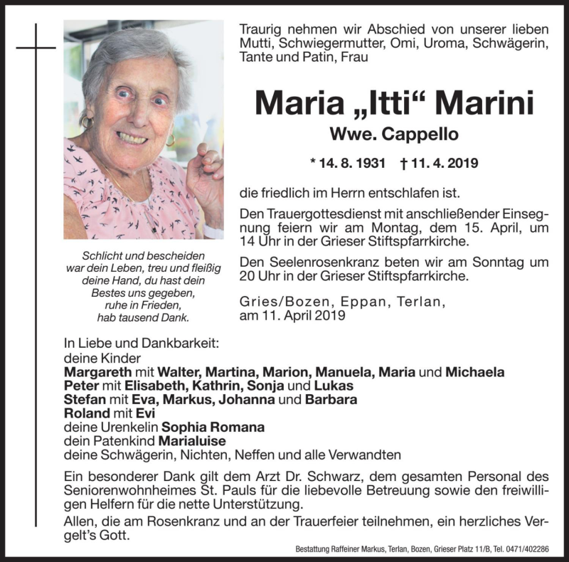  Traueranzeige für Maria Cappello vom 13.04.2019 aus Dolomiten