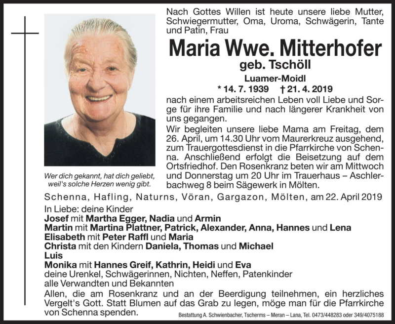  Traueranzeige für Maria Mitterhofer vom 24.04.2019 aus Dolomiten