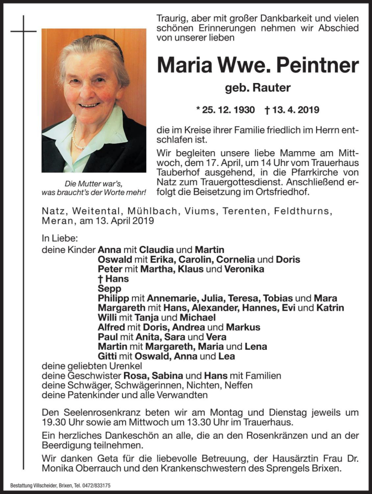 Traueranzeige für Maria Peintner vom 15.04.2019 aus Dolomiten